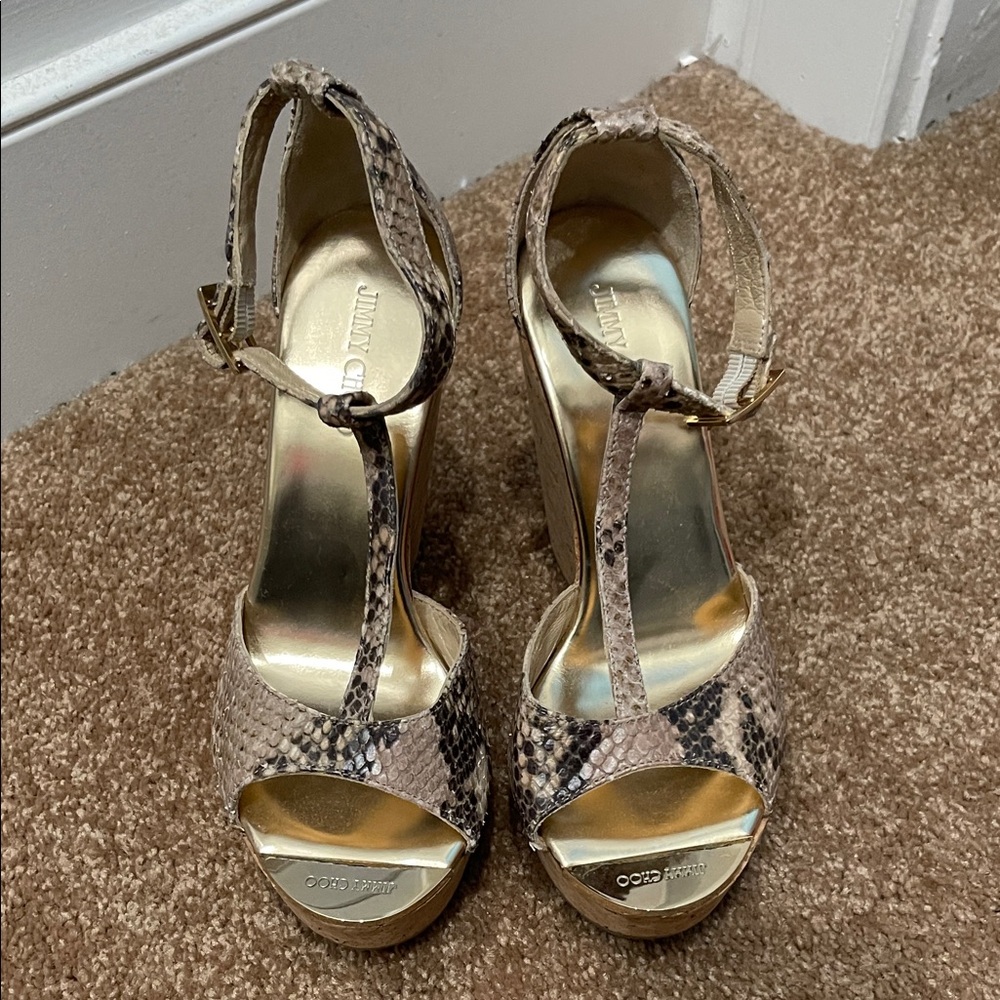 Jimmy Choo Gold and Snake Print Heels
